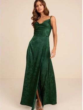 Lulus Simply Dreamy Emerald Green Satin Floral Jacquard Maxi Dress